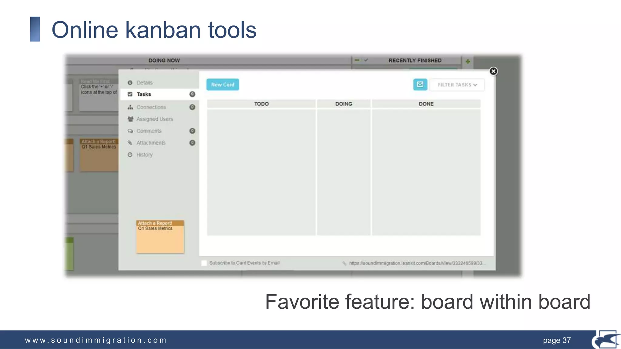 w w w . s o u n d i m m i g r a t i o n . c o m
Online kanban tools
page 37
Favorite feature: board within board
 