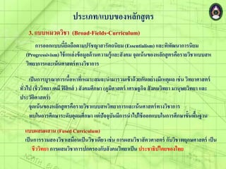ประเภท/แบบของหลักสูตร
3. แบบหมวดวิชา (Broad-Fields-Curriculum)
เป็นการบูรณาการเนื้อหาที่เหมาะสมจะนามารวมเข้าด้วยกันอย่างมีเหตุ่ล เช่น วิทยาศาสตร์
ทั่วไป (ชีววิทยา เคมี ฟิสิกส์ ) สังคมศึกษา (ภูมิศาสตร์ เศรษฐกิจ สังคมวิทยา มานุษยวิทยา และ
ประวัติศาสตร์)
จุดเน้นของหลักสูตรคือรายวิชาแบบสหวิทยาการและเน้นศาสตร์ทางวิชาการ
พบในการศึกษาระดับอุดมศึกษา แต่ปัจจุบันมีการนาไปใช้ออกแบบในการศึกษาขั้นพื้นฐาน
แบบ่สม่สาน (Fused Curriculum)
เป็นการรวมสองวิชาเสมือนเป็นวิชาเดียว เช่น การ่สมวิชาสัตวศาสตร์ กับวิชาพฤกษศาสตร์ เป็น
ชีววิทยา การ่สมวิชาการปกครองกับสังคมวิทยาเป็น ประชาธิปไตยของไทย
การออกแบบนี้ยึดถือตามปรัชญาสารัตถนิยม(Essentialism) และพิพัฒนาการนิยม
(Progressivism)ใช้แหล่งข้อมูลด้านความรู้และสังคม จุดเน้นของหลักสูตรคือรายวิชาแบบสห
วิทยาการและเน้นศาสตร์ทางวิชาการ
 