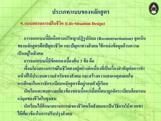 ประเภท/แบบของหลักสูตร
9. แบบสถานการณ์ในชีวิต (Life-Situation Design)
การออกแบบนี้ยึดถือตามปรัชญาปฏิรูปนิยม (Reconstructionism) จุดเน้น
ของหลักสูตรคือปัญหาชีวิต และปัญหาทางสังคม ใช้แหล่งข้อมูลด้านความ
เป็นอยู่ในสังคม
การออกแบบนี้มีข้อตกลงเบื้องต้น 3 ข้อ คือ
เชื่อมโยงสถานการณ์ในชีวิตคงอยู่อย่างต่อเนื่องที่เป็นเรื่องสาคัญต่อการทา
หน้าที่ให้ประสบความสาเร็จของสังคม และสร้างความสมเหตุสม่ลใน
การศึกษาในการจัดระเบียบหลักสูตรที่อยู่รอบตัวู่้เรียน
นักเรียนจะพบความเกี่ยวข้องของเนื้อหาเมื่อเนื้อหาถูกจัดระเบียบล้อมรอบ
แง่มุมของชีวิตในชุมชน
นักเรียนได้ศึกษาสถานการณ์ของชีวิตหรือสังคมจะเป็นวิธีการให้พวกเขา
ได้เกี่ยวข้องในการปรับปรุงสังคม
 