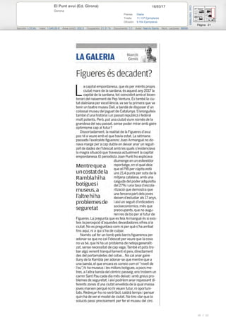 16/03/17El Punt avui (Ed. Girona)
Gerona
Prensa: Diaria
Tirada: 11.137 Ejemplares
Difusión: 9.164 Ejemplares
Página: 21
Sección: LOCAL Valor: 1.045,00 € Área (cm2): 202,3 Ocupación: 21,31 % Documento: 1/1 Autor: Narcís Genís Núm. Lectores: 36656
Cód:109076665
10 / 12
 