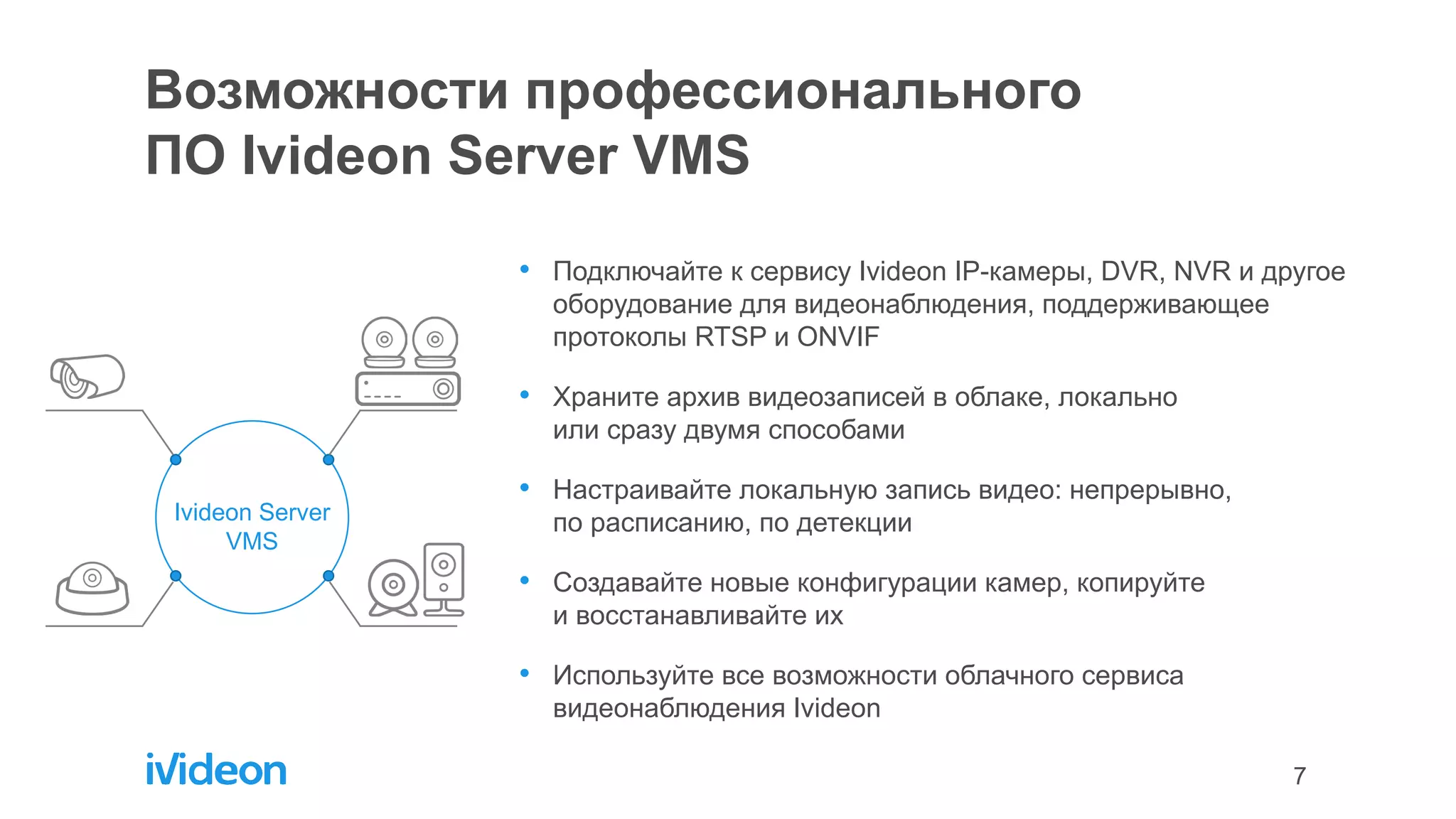7
Возможности профессионального
ПО Ivideon Server VMS
• Подключайте к сервису Ivideon IP-камеры, DVR, NVR и другое
оборудование для видеонаблюдения, поддерживающее
протоколы RTSP и ONVIF
• Храните архив видеозаписей в облаке, локально
или сразу двумя способами
• Настраивайте локальную запись видео: непрерывно,
по расписанию, по детекции
• Создавайте новые конфигурации камер, копируйте
и восстанавливайте их
• Используйте все возможности облачного сервиса
видеонаблюдения Ivideon
Ivideon Server
VMS
 