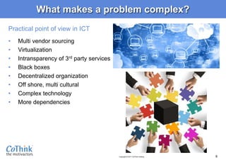 Copyright © 2017 CoThink Holding 6
What makes a problem complex?
• Multi vendor sourcing
• Virtualization
• Intransparency of 3rd party services
• Black boxes
• Decentralized organization
• Off shore, multi cultural
• Complex technology
• More dependencies
Practical point of view in ICT
 