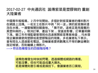 14
2017-02-27 中央通訊社 謠傳紫菜是塑膠做的 重創
大陸業者
中國青年報報導， 2 月中旬開始，多個針對紫菜業者的爆料影片
在網路上流傳。一名女士在影片中將「阿一波」牌的紫菜撕碎浸
泡在水裡，一邊聲稱聞到腥臭味，「撕不碎，這肯定是用廢舊的
黑塑料做的」。取消訂單、產品下架 ... 受謠言影響，訂單量明顯
下滑。晉江市市場監督管理局也迅速展開紫菜專案檢查 ... 均未發
現企業摻雜使用塑膠或是塑膠製品的現象。多名業者私下表示，
曾有陌生人透過匿名電話，恐嚇業者要將數萬元不等的酬金轉到
指定帳號，否則繼續上傳影片。
----> 符合危機發生的四個階段嗎？
這類危機發生時快如閃電，透過媒體或網路的傳播，
可能沒事，但也可能造成重大損失。
若是媒體刻意引導或是操控下，會讓業者百口莫辯。
 