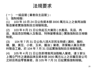 29
( 一 ) 一級品管 ( 業者自主品管 ) ：
1. 強制檢驗 :
(1) 103 年 10 月 24 日公告資本額 3000 萬元以上之食用油脂
製造業者實施強制自主檢驗制度。
(2) 103 年 8 月 21 日公告起五大業別 ( 水產品、乳品、肉
品、食品添加物輸入及製造、特殊營養食品 ) 實施強制自主檢驗
制度。
(3) 104 年 7 月 31 日公告八項大宗民生物資 ( 澱粉、麵粉、
糖、鹽、黃豆、小麥、玉米、醬油 ) 業者、茶葉輸入業及茶飲
料製造工廠，於 104 年 7 月 31 日起實施強制自主檢驗制度。
(4) 105 年 4 月 21 日公告新增食用油脂輸入業者、達 3 家以
上獨立門市之連鎖品牌且資本額 3000 萬元以上之非屬百貨公司
之綜合商品零售業者，自 105 年 7 月 31 日起實施強制檢驗。
法規要求
 
