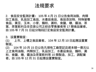 30
2. 食品安全監測計畫： 105 年 4 月 21 日公告食用油脂、肉類
加工食品、乳品加工食品、水產品食品、食品添加物、特殊營養
食品、黃豆、玉米、小麥、麵粉、澱粉、食鹽、糖、醬油、茶
葉、茶葉飲料及非百貨公司之綜合零售業者等 17 類食品業者，
自 105 年 7 月 31 日起分階段訂定食品安全監測計畫。
3. 設置實驗室 :
(1) 上市、上櫃之食品業者， 104 年 12 月 10 日起應設置實
驗室。
(2) 104 年 10 月 15 日公告凡領有工廠登記且資本額一億元以
上之食用油脂、肉類加工、乳品加工、水產品食品、麵粉、澱
粉、食鹽、糖、醬油及茶葉飲料等 10 類製造、加工、調配業
者，自 105 年 12 月 31 日起應設置實驗室。
法規要求
 