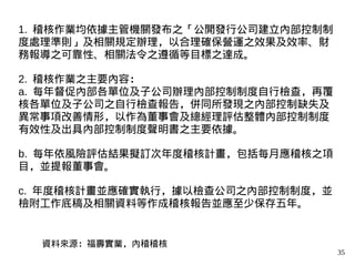 35
1. 稽核作業均依據主管機關發布之「公開發行公司建立內部控制制
度處理準則」及相關規定辦理，以合理確保營運之效果及效率、財
務報導之可靠性、相關法令之遵循等目標之達成。
2. 稽核作業之主要內容：
a. 每年督促內部各單位及子公司辦理內部控制制度自行檢查，再覆
核各單位及子公司之自行檢查報告，併同所發現之內部控制缺失及
異常事項改善情形，以作為董事會及總經理評估整體內部控制制度
有效性及出具內部控制制度聲明書之主要依據。
b. 每年依風險評估結果擬訂次年度稽核計畫，包括每月應稽核之項
目，並提報董事會。
c. 年度稽核計畫並應確實執行，據以檢查公司之內部控制制度，並
檢附工作底稿及相關資料等作成稽核報告並應至少保存五年。
資料來源：福壽實業，內稽稽核
 