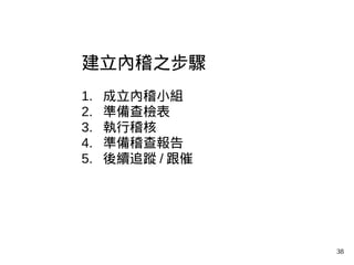 38
建立內稽之步驟
1. 成立內稽小組
2. 準備查檢表
3. 執行稽核
4. 準備稽查報告
5. 後續追蹤 / 跟催
 