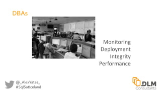 @_AlexYates_
#SqlSatIceland
Monitoring
Deployment
Integrity
Performance
DBAs
 