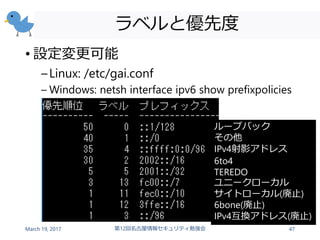 ラベルと優先度
• 設定変更可能
–Linux: /etc/gai.conf
– Windows: netsh interface ipv6 show prefixpolicies
March 19, 2017 第12回名古屋情報セキュリティ勉強会 47
ループバック
その他
IPv4射影アドレス
6to4
TEREDO
ユニークローカル
サイトローカル(廃止)
6bone(廃止)
IPv4互換アドレス(廃止)
 