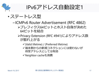IPv6アドレス自動設定1
• ステートレス型
–ICMPv6 Router Advertisement (RFC 4862)
プレフィクス64ビットとホスト自身が決めた
64ビットを結合
Privacy Extension (RFC 49...