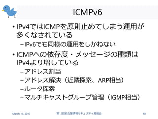 ICMPv6
• IPv4ではICMPを原則止めてしまう運用が
多くなされている
–IPv6でも同様の運用をしかねない
• ICMPへの依存度・メッセージの種類は
IPv4より増している
–アドレス割当
–アドレス解決（近隣探索、ARP相当）
...
