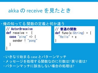 akka の receive を見たとき
 俺の知ってる 関数の定義と何か違う
 いきなり始まる case とパターンマッチ
 メッセージを処理する関数なのに引数は? 戻り値は?
 パターンマッチに該当しない場合の処理は?
// Actor#receive
def receive = {
case "ping" => {
sender ! "pong"
}
}
// 普通の関数
def func(x:String) = {
"Hello" + x
}
 