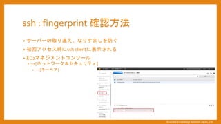 ssh : fingerprint 確認方法
&bull; サーバーの取り違え、なりすましを防ぐ
&bull; 初回アクセス時にssh clientに表示される
&bull; EC2マネジメントコンソール
&bull; &rarr;[ネットワーク＆セキュリティ]
&bull; &rarr;[キーペア]
&copy; Global Knowledge Network Japan, Ltd
 