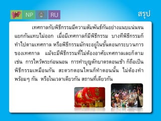 สรุป
เทศกาลกับพิธีกรรมมีความสัมพันธ์กันอย่างแนบแน่นจน
แยกกันแทบไม่ออก เมื่อมีเทศกาลก็มีพิธีกรรม บางทีพิธีกรรมก็
ทาไปตามเทศกาล หรือพิธีกรรมมักจะอยู่ในขั้นตอนกระบวนการ
ของเทศกาล แม้จะมีพิธีกรรมที่ไม่ต้องอาศัยเทศกาลเลยก็ตาม
เช่น การไหว้พระก่อนนอน การทาบุญตักบาตรตอนเช้า ก็ถือเป็น
พิธีกรรมเหมือนกัน สะดวกตอนไหนก็ทาตอนนั้น ไม่ต้องทา
พร้อมๆ กัน หรือในเวลาเดียวกัน สถานที่เดียวกัน
 
