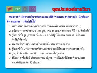 จุดประสงค์รายวิชา
หลังจากที่เรียนรายวิชาเทศกาล และพิธีกรรมทางศาสนาแล้ว นักศึกษา
มีความสามารถต่อไปนี้ได้
1. ทราบประวัติความเป็นมาของเทศกาลและพิธีกรรมทางศาสนาต่างๆ
2. อธิบายความหมาย ประเภท จุดมุ่งหมาย ของเทศกาลและพิธีกรรมสาคัญได้
3. รู้และเข้าใจจุดมุ่งหมาย ขั้นตอน และวิธีปฏิบัติของเทศกาลและพิธีกรรม
สาคัญได้ถูกต้อง
4. มีทักษะในการดาเนินชีวิตในสังคมที่มีวัฒนธรรมแตกต่าง
5. รู้และเข้าใจมารยาทการเข้าร่วมเทศกาลและพิธีกรรมต่างๆ อย่างถูกต้อง
6. รู้อนุรักษ์และสืบทอดพิธีกรรมทางศาสนาได้ถูกต้อง
7. มีจิตอาสาซื่อสัตย์ เสียสละอดทน มีอุดมการณ์ในสิ่งที่ดีงามเพื่อส่วนรวม
ตามค่านิยมหลัก 12 ประการ
 