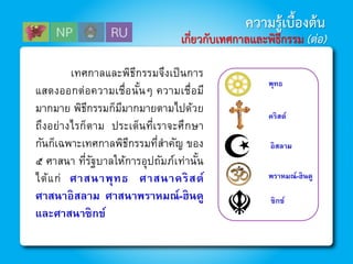 เทศกาลและพิธีกรรมจึงเป็นการ
แสดงออกต่อความเชื่อนั้นๆ ความเชื่อมี
มากมาย พิธีกรรมก็มีมากมายตามไปด้วย
ถึงอย่างไรก็ตาม ประเด็นที่เราจะศึกษา
กันก็เฉพาะเทศกาลพิธีกรรมที่สาคัญ ของ
๕ ศาสนา ที่รัฐบาลให้การอุปถัมภ์เท่านั้น
ได้แก่ ศาสนาพุทธ ศาสนาคริสต์
ศาสนาอิสลาม ศาสนาพราหมณ์-ฮินดู
และศาสนาซิกข์
พุทธ
คริสต์
อิสลาม
พราหมณ์-ฮินดู
ซิกข์
ความรู้เบื้องต้น
เกี่ยวกับเทศกาลและพิธีกรรม (ต่อ)
 