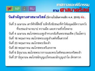 วันที่ 3 เมษายน เสาร์ศักดิ์สิทธิ์ระลึกถึงชัยชนะที่ทาให้มนุษย์มีความหวัง
ที่จะชนะอานาจบาป ความมืด และความชั่วทั้งหลาย
วันที่ 4 เมษายน สมโภชพระเยซูเจ้าทรงกลับคืนพระชนมชีพ (วันปัสกา)
วันที่ 16 พฤษภาคม สมโภชพระเยซูเจ้าเสด็จขึ้นสวรรค์
วันที่ 23 พฤษภาคม สมโภชพระจิตเจ้า
วันที่ 30 พฤษภาคม สมโภชพระตรีเอกภาพ
วันที่ 6 มิถุนายน สมโภชพระวรกายและพระโลหิตของพระคริสตเจ้า
วันที่ 27 มิถุนายน สมโภชนักบุญเปโตรและนักบุญเปาโล อัครสาวก
วันสาคัญทางศาสนาคริสต์ (นิกายโรมันคาทอลิก ค.ศ. 2010) ต่อ..
ทาง ศาสนาคริสต์
เทศกาลและพิธีกรรม
 
