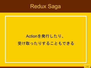 Redux Saga
Actionを発行したり、
受け取ったりすることもできる
107
 