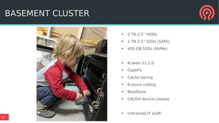 52
●
2 TB 2.5” HDDs
●
1 TB 2.5” SSDs (SATA)
●
400 GB SSDs (NVMe)
●
Kraken 11.2.0
●
CephFS
●
Cache tiering
●
Erasure coding
●
BlueStore
●
CRUSH device classes
●
Untrained IT staff!
BASEMENT CLUSTER
 