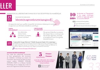 ANIMATION DU LABORATOIRE D’ANALYSE ET DE DÉCRYPTAGE DU NUMÉRIQUE
		 Lancement du Laboratoire
MISSION SOCIÉTÉ NUMÉRIQUE
Aux côtés des collectivités territoriales
et leurs groupements, des structures
de médiation numérique et acteurs de
l’innovation, des sevices de l’Etat et autres
acteurs publics (SGMAP, ETALAB,
CNNUM, CGET…), la Mission Société
Numérique est en charge de la mise en
œuvre du Programme Société Numérique.
10
ans
de données sur l’équipement
et les usages numériques
publiées en open data grâce
au travail de l’ARCEP
PROGRAMME SOCIÉTÉ NUMÉRIQUE
29N OV.
2016 laboratoire.agencedunumerique.gouv.fr
1 OUTIL D’AIDE
À LA DÉCISION
Qui permet d’identifier les attentes
des citoyens liées au numérique avec
des données régionales, nationales
et européennes issues d’une grande
diversité d’acteurs.
1 OUTIL
COLLABORATIF
Les collectivités,
acteurs locaux,
chercheurs, et citoyens
peuvent contribuer.
5PERSONNES
2 hommes
3 femmes
issues des collectivités, de la médiation
numérique, de l’innovation sociale
et des CivicTechs.
7 jeux de données ouverts
60 articles de fond publiés
« À qui profite l’usage d’Internet ? Réalité du pouvoir d’agir à l’ère numérique » :
une enquête pour confronter les promesses du pouvoir d’agir par les outils numériques à la réalité
des usages et bénéfices tirés par les utilisateurs de ces outils (enquête réalisée par M@rsouin et
financée par l’Agence du Numérique et par l’Agence nationale de la recherche).
Un espace de travail pour qualifier et quantifier les évolutions induites par le numérique
en apportant une information détaillée et scientifique :
MARS
2017
https://marsouin.shinyapps.io/ShinyMarsouin/
@OrianneLedroit
@PierreLouisR
Découvrir les jeux de données sur Data.gouv
 