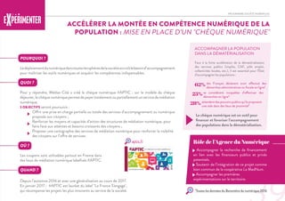 PROGRAMME SOCIÉTÉ NUMÉRIQUE
ACCÉLÉRER LA MONTÉE EN COMPÉTENCE NUMÉRIQUE DE LA
POPULATION : MISE EN PLACE D’UN "CHÈQUE NUMÉRIQUE"
POURQUOI ?
Ledéploiementdunumériquedanstouteslessphèresdelasociétéaccroîtlebesoind’accompagnement
pour maîtriser les outils numériques et acquérir les compétences indispensables.
QUOI ?
Pour y répondre, Médias-Cité a créé le chèque numérique #APTIC : sur le modèle du chèque
déjeuner, le chèque numérique permet de payer totalement ou partiellement un service de médiation
numérique.
3 OBJECTIFS seront poursuivis :
	 Offrir une prise en charge partielle ou totale des services d’accompagnement au numérique
	 proposés aux citoyens ;
	 Renforcer les moyens et capacités d’action des structures de médiation numérique, pour
	 faire face aux attentes et besoins croissants des citoyens ;
	 Proposer une cartographie des services de médiation numérique pour renforcer la visibilité
	 des citoyens sur l’offre de services.
- Accompagner la recherche de financement
en lien avec les financeurs publics et privés
potentiels.
- Soutenir de l’intégration de ce projet comme
bien commun de la coopérative La MedNum.
- Accompagner les premières
expérimentations sur le territoire.
Rôle de l’Agence du Numériqueaptic.fr
ACCOMPAGNER LA POPULATION
DANS LA DÉMATÉRIALISATION
Face à la forte accélération de la dématérialisation
des services publics (impôts, CAF, pôle emploi,
collectivités locales, etc.), il est essentiel pour l’Etat
d’accompagner les populations :
62% des Français déclarent avoir effectué des
démarches administratives ou fiscale en ligne*.
25% se considèrent incapables d’effectuer des
démarches en ligne*.
28% attendent des pouvoirs publics qu’ils proposent
une aide dans des lieux de proximité*.
Le chèque numérique est un outil pour
financer et favoriser l’accompagnement
des populations dans la dématérialisation.
*Toutes les données du Baromètre du numérique 2016
OÙ ?
Les coupons sont utilisables partout en France dans
des lieux de médiation numérique labellisés #APTIC.
QUAND ?
Depuis l’automne 2016 et avec une généralisation au cours de 2017.
En janvier 2017 : #APTIC est lauréat du label "La France S'engage",
qui récompense les projets les plus innovants au service de la société.
 