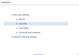 13
1) Skin care methods
a. Natural
b. Cosmetics
c. Fresh foods
d. Functional food/ medicines
2) Vitamin E medicine potential
CONTENT
 