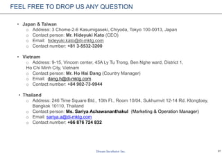 37
FEEL FREE TO DROP US ANY QUESTION
• Japan & Taiwan
o Address: 3 Chome-2-6 Kasumigaseki, Chiyoda, Tokyo 100-0013, Japan
o Contact person: Mr. Hideyuki Kato (CEO)
o Email: hideyuki.kato@di-mktg.com
o Contact number: +81 3-5532-3200
• Vietnam
o Address: 9-15, Vincom center, 45A Ly Tu Trong, Ben Nghe ward, District 1,
Ho Chi Minh City, Vietnam
o Contact person: Mr. Ho Hai Dang (Country Manager)
o Email: dang.h@di-mktg.com
o Contact number: +84 902-73-9944
• Thailand
o Address: 246 Time Square Bld., 10th Fl., Room 10/04, Sukhumvit 12-14 Rd. Klongtoey,
Bangkok 10110, Thailand
o Contact person: Ms. Sariya Achawananthakul (Marketing & Operation Manager)
o Email: sariya.a@di-mktg.com
o Contact number: +66 876 724 832
 