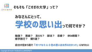 Copyright 2013-2017 KOSUGI no UNIVERSITY
そもそも「こすぎの大学」って？
みなさんにとって、
学校の思い出って何ですか？
勉強？　恩師？　友だち？　部活？　恋愛？　休み時間？
修学旅行？　帰り道？
自分が住まう街で「オトナな十人十色の思い出を作るきかっけ」になりたい
 