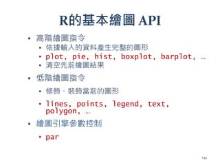 R的基本繪圖 API
▪ 高階繪圖指令
▪ 依據輸入的資料產生完整的圖形
▪ plot, pie, hist, boxplot, barplot, …
▪ 清空先前繪圖結果
▪ 低階繪圖指令
▪ 修飾、裝飾當前的圖形
▪ lines, points, legend, text,
polygon, …
▪ 繪圖引擎參數控制
▪ par
134
 