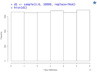 > d1 <- sample(1:6, 10000, replace=TRUE)
> hist(d1)
142
 