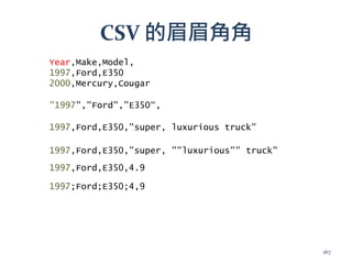 CSV 的眉眉角角
Year,Make,Model,
1997,Ford,E350
2000,Mercury,Cougar
"1997","Ford","E350“,
1997,Ford,E350,"super, luxurious truck"
1997,Ford,E350,"super, ""luxurious"" truck"
1997,Ford,E350,4.9
1997;Ford;E350;4,9
167
 