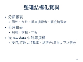 整理結構化資料
▪ 分類報表
▪ 男性、女性、重度消費者、輕度消費者
▪ 分時報表
▪ 月報、季報、年報
▪ 從 raw data 中計算指標
▪ 安打/打數 = 打擊率、總得分/場次 = 平均得分
181
 