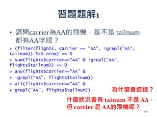 習題題解1
▪ 請問carrier為AA的飛機，是不是 tailnum
都有AA字眼？
> (filter(flights, carrier == "AA", !grepl("AA",
tailnum)) %>% nrow) == 0
> sum(flights$carrier==“AA” & !grepl(“AA”,
flights$tailnum)) == 0
> any(flights$carrier==“AA” &
+ !grepl(“AA”, flights$tailnum))
> all(flights$carrier==“AA” &
+ grepl(“AA”, flights$tailnum))
185
什麼狀況會有 tainum 不是 AA，
但 carrier 是 AA的飛機呢？
為什麼會這樣？
 