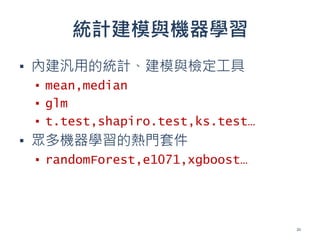 統計建模與機器學習
▪ 內建汎用的統計、建模與檢定工具
▪ mean,median
▪ glm
▪ t.test,shapiro.test,ks.test…
▪ 眾多機器學習的熱門套件
▪ randomForest,e1071,xgboost…
21
 