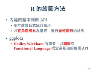 R 的繪圖方法
▪ 內建的基本繪圖 API
▪ 用於繪製各式統計圖形
▪ 以直角座標系為基礎，進行幾何圖形的繪製
▪ ggplot2
▪ Hadley Wickham 所開發，以圖層與
Functional Language 概念為基礎的繪圖 API
218
 