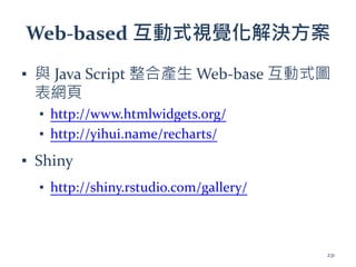 Web-based 互動式視覺化解決方案
▪ 與 Java Script 整合產生 Web-base 互動式圖
表網頁
▪ http://www.htmlwidgets.org/
▪ http://yihui.name/recharts/
▪ Shiny
▪ http://shiny.rstudio.com/gallery/
231
 