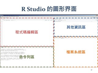 R Studio 的圖形界面
程式碼編輯區
命令列區
其他資訊區
檔案系統區
41
 