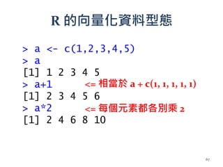 R 的向量化資料型態
<= 相當於 a + c(1, 1, 1, 1, 1)
<= 每個元素都各別乘 2
> a <- c(1,2,3,4,5)
> a
[1] 1 2 3 4 5
> a+1
[1] 2 3 4 5 6
> a*2
[1] 2 4 6 8 10
67
 