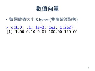 數值向量
▪ 每個數值大小 8 bytes (雙精確浮點數)
> c(1.0, .1, 1e-2, 1e2, 1.2e2)
[1] 1.00 0.10 0.01 100.00 120.00
71
 