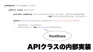 namespace IO.Swagger.Client
{
public class ApiClient
{
private readonly Dictionary<String, String> _defaultHeaderMap
= new Dictionary<String, String>();
public ApiClient(String basePath=“http://localhost:8080")
{
BasePath = basePath;
RestClient = new RestClient(BasePath);
}
/// <summary>
/// Makes the HTTP request (Sync).
/// </summary>
/// <param name="path">URL path.</param>
/// <param name="method">HTTP method.</param>
/// <param name="queryParams">Query parameters.</param>
/// <param name="postBody">HTTP body (POST request).</param>
/// <param name="headerParams">Header parameters.</param>
/// <param name="formParams">Form parameters.</param>
 