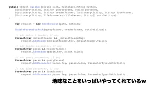 public Object CallApi(String path, RestSharp.Method method,
Dictionary<String, String> queryParams, String postBody,
Dictionary<String, String> headerParams, Dictionary<String, String> formParams,
Dictionary<String, FileParameter> fileParams, String[] authSettings)
{
var request = new RestRequest(path, method);
UpdateParamsForAuth(queryParams, headerParams, authSettings);
// add default header, if any
foreach(var defaultHeader in _defaultHeaderMap)
request.AddHeader(defaultHeader.Key, defaultHeader.Value);
// add header parameter, if any
foreach(var param in headerParams)
request.AddHeader(param.Key, param.Value);
// add query parameter, if any
foreach(var param in queryParams)
request.AddParameter(param.Key, param.Value, ParameterType.GetOrPost);
// add form parameter, if any
foreach(var param in formParams)
request.AddParameter(param.Key, param.Value, ParameterType.GetOrPost);
// add file parameter, if any
foreach(var param in fileParams)
request.AddFile(param.Value.Name, param.Value.Writer, param.Value.FileName,
aram.Value.ContentType);
 