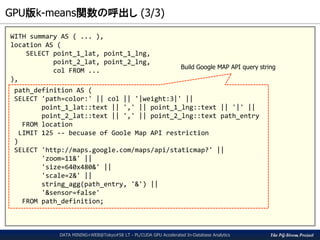 The PG-Strom Project
GPU版k-means関数の呼出し (3/3)
DATA MINING+WEB@Tokyo#58 LT - PL/CUDA GPU Accelerated In-Database Analytics
WITH summary AS ( ... ),
location AS (
SELECT point_1_lat, point_1_lng,
point_2_lat, point_2_lng,
col FROM ...
),
path_definition AS (
SELECT 'path=color:' || col || '|weight:3|' ||
point_1_lat::text || ',' || point_1_lng::text || '|' ||
point_2_lat::text || ',' || point_2_lng::text path_entry
FROM location
LIMIT 125 -- becuase of Goole Map API restriction
)
SELECT 'http://maps.google.com/maps/api/staticmap?' ||
'zoom=11&' ||
'size=640x480&' ||
'scale=2&' ||
string_agg(path_entry, '&') ||
'&sensor=false'
FROM path_definition;
Build Google MAP API query string
 
