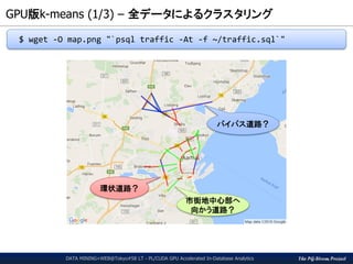 The PG-Strom Project
GPU版k-means (1/3) – 全データによるクラスタリング
DATA MINING+WEB@Tokyo#58 LT - PL/CUDA GPU Accelerated In-Database Analytics
$ wget -O map.png "`psql traffic -At -f ~/traffic.sql`"
バイパス道路？
市街地中心部へ
向かう道路？
環状道路？
 