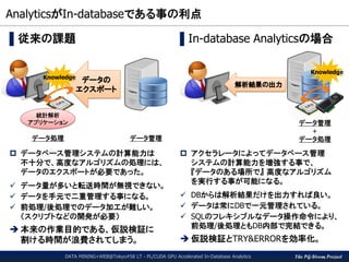 The PG-Strom Project
AnalyticsがIn-databaseである事の利点
▌従来の課題
 データベース管理システムの計算能力は
不十分で、高度なアルゴリズムの処理には、
データのエクスポートが必要であった。
 データ量が多いと転送時間が無視できない。
 データを手元で二重管理する事になる。
 前処理/後処理でのデータ加工が難しい。
（スクリプトなどの開発が必要）
 本来の作業目的である、仮説検証に
割ける時間が浪費されてしまう。
▌In-database Analyticsの場合
 アクセラレータによってデータベース管理
システムの計算能力を増強する事で、
『データのある場所で』 高度なアルゴリズム
を実行する事が可能になる。
 DBからは解析結果だけを出力すれば良い。
 データは常にDBで一元管理されている。
 SQLのフレキシブルなデータ操作命令により、
前処理/後処理ともDB内部で完結できる。
 仮説検証とTRY&ERRORを効率化。
データの
エクスポート
Knowledge
Knowledge
解析結果の出力
統計解析
アプリケーション
データ処理 データ管理
データ管理
+
データ処理
DATA MINING+WEB@Tokyo#58 LT - PL/CUDA GPU Accelerated In-Database Analytics
 