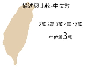 11
描述與比較-中位數
2萬 2萬 3萬 4萬 12萬
中位數3萬
 