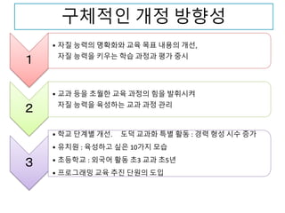 구체적인 개정 방향성
１
• 자질 능력의 명확화와 교육 목표 내용의 개선,
자질 능력을 키우는 학습 과정과 평가 중시
２
• 교과 등을 초월한 교육 과정의 힘을 발휘시켜
자질 능력을 육성하는 교과 과정 관리
３
• 학교 단계별 개선. 도덕 교과화 특별 활동 : 경력 형성 시수 증가
• 유치원 : 육성하고 싶은 10가지 모습
• 초등학교 : 외국어 활동 초3 교과 초5년
• 프로그래밍 교육 추진 단원의 도입
 