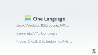 One Language
Linux,Windows, BSD, Solaris,AIX, ...
Bare-metal,VMs, Containers
Nodes, GRUB, DBs, Endpoints,APIs, ...
 
