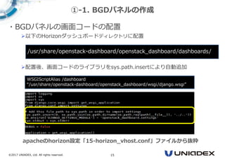 ©2017 UNIADEX, Ltd. All rights reserved. 15
・BGDパネルの画面コードの配置
以下のHorizonダッシュボードディレクトリに配置
配置後、画面コードのライブラリをsys.path.insertにより自動追加
①-1. BGDパネルの作成
/usr/share/openstack-dashboard/openstack_dashboard/dashboards/
WSGIScriptAlias /dashboard
“/usr/share/openstack-dashboard/openstack_dashboard/wsgi/django.wsgi”
apacheのhorizon設定「15-horizon_vhost.conf」ファイルから抜粋
 