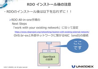 ©2017 UNIADEX, Ltd. All rights reserved. 29
・RDOのインストール後は以下を忘れずに！！
RDO All-in-one手順の
Next Steps
「work with your existing network」に沿って設定
https://www.rdoproject.org/networking/neutron-with-existing-external-network/
OVS:br-exと外部ネットワークに繋がるNIC（ens0)の接続
RDO インストール後の注意
OpenStack
の世界
ens0
br-ex
ここ
です
 