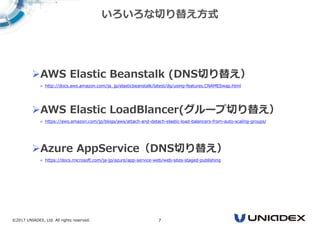 ©2017 UNIADEX, Ltd. All rights reserved. 7
いろいろな切り替え⽅式
AWS Elastic Beanstalk (DNS切り替え）
 http://docs.aws.amazon.com/ja_jp/elasticbeanstalk/latest/dg/using-features.CNAMESwap.html
AWS Elastic LoadBlancer(グループ切り替え）
 https://aws.amazon.com/jp/blogs/aws/attach-and-detach-elastic-load-balancers-from-auto-scaling-groups/
Azure AppService（DNS切り替え）
 https://docs.microsoft.com/ja-jp/azure/app-service-web/web-sites-staged-publishing
 